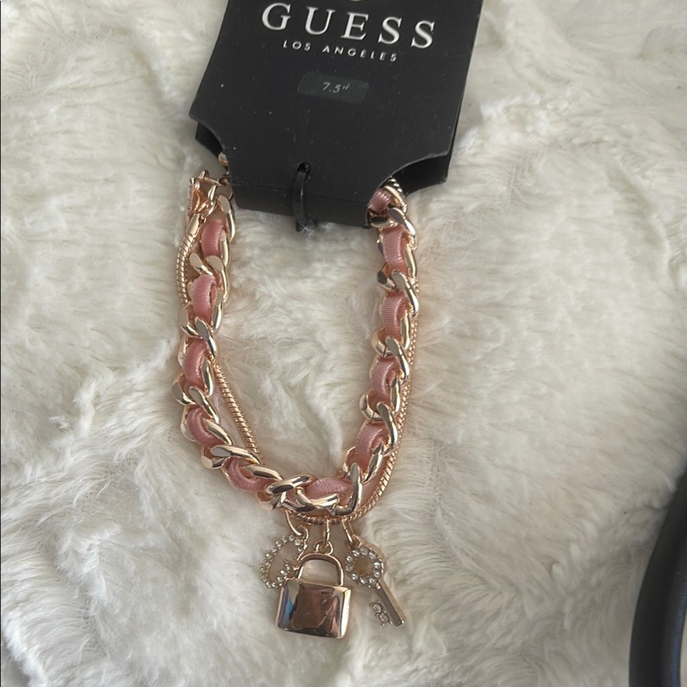 Guess Gold and Pink Chain Link Bracelet with Padlock Charm